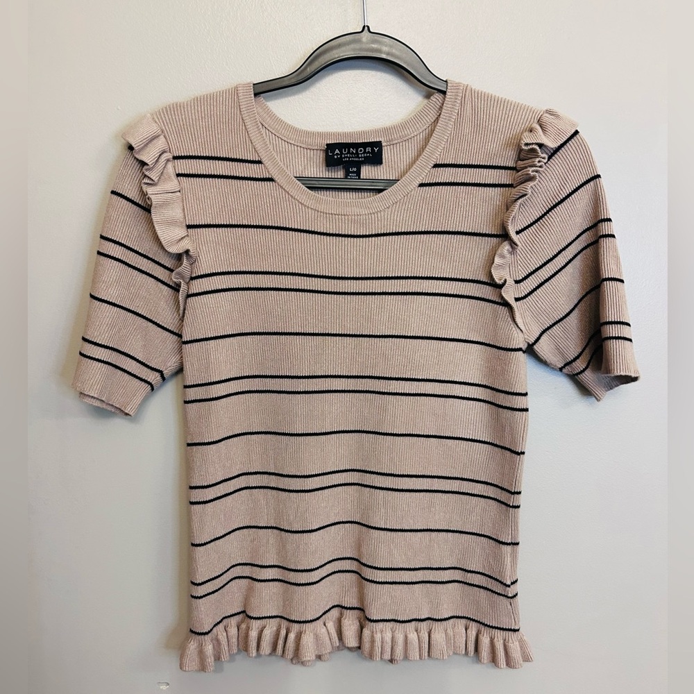 Laundry by Shelli Segal Beige With Black Stripes Ruffle short sleeved sweater L